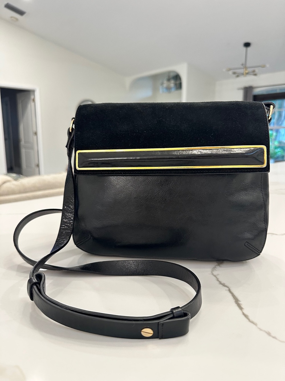 Halston Heritage Vintage Black Leather & Suede Crossbody Bag with Gold Trim